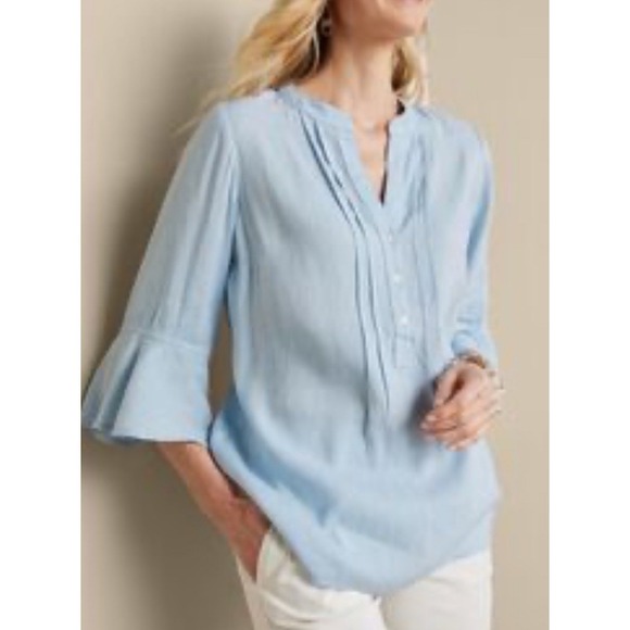 Soft Surroundings Tops - Soft Surroundings Blue Pintuck Raisa Linen Blend Top Bell Sleeve Beach Women's M